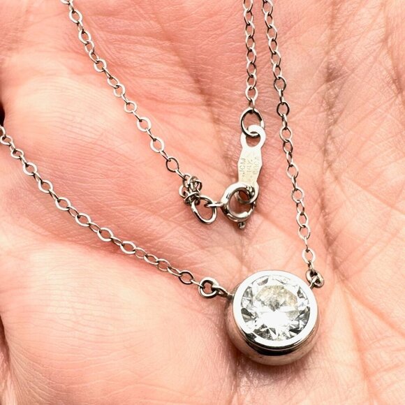 14K White Gold Womens Necklace Round Cubic Zirconia Solitaire Pendant